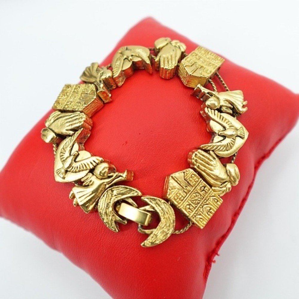 VTG Gold Tone Religious‎ Bracelet Praying Hands Angel Dove Panel Ornate 7"
